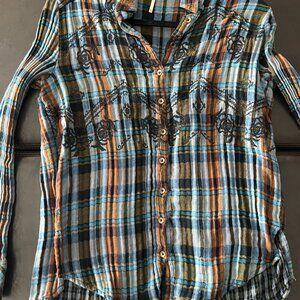 Vintage Free People Magic Embroidered Plaid Button-Down Top